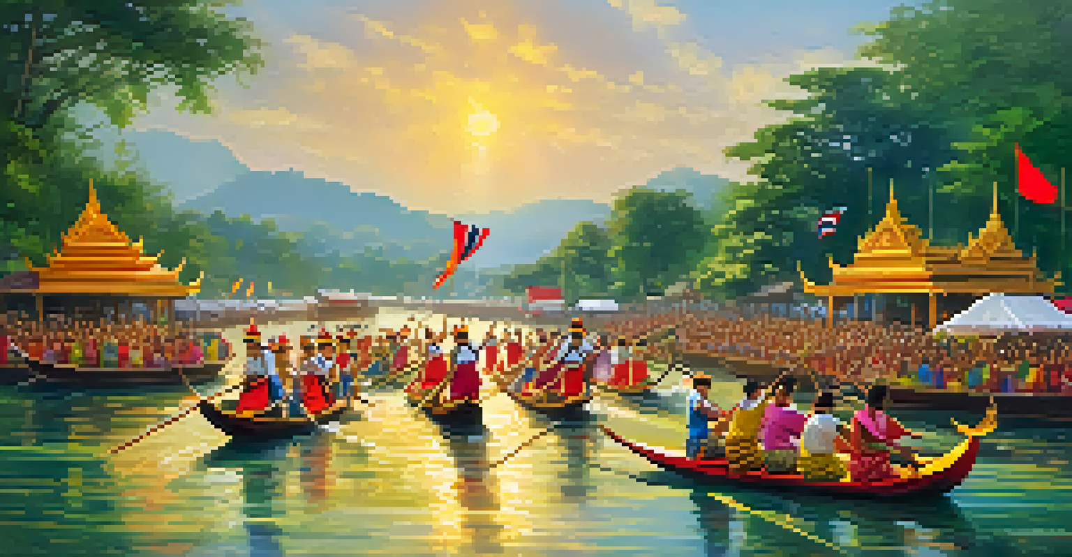 Participants in colorful attire paddling in a traditional Thai boat race during a festival, with spectators cheering along the riverbanks.