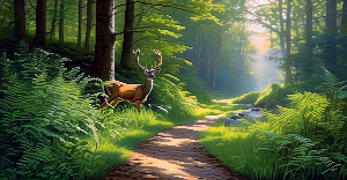 A peaceful wildlife corridor in a forest, with a stream and grazing deer under soft morning light.