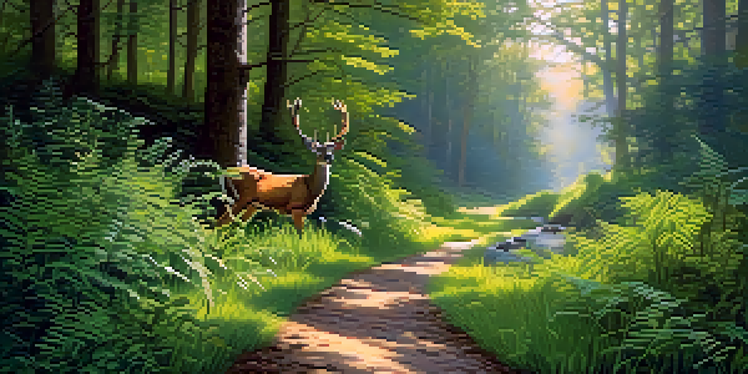 A peaceful wildlife corridor in a forest, with a stream and grazing deer under soft morning light.