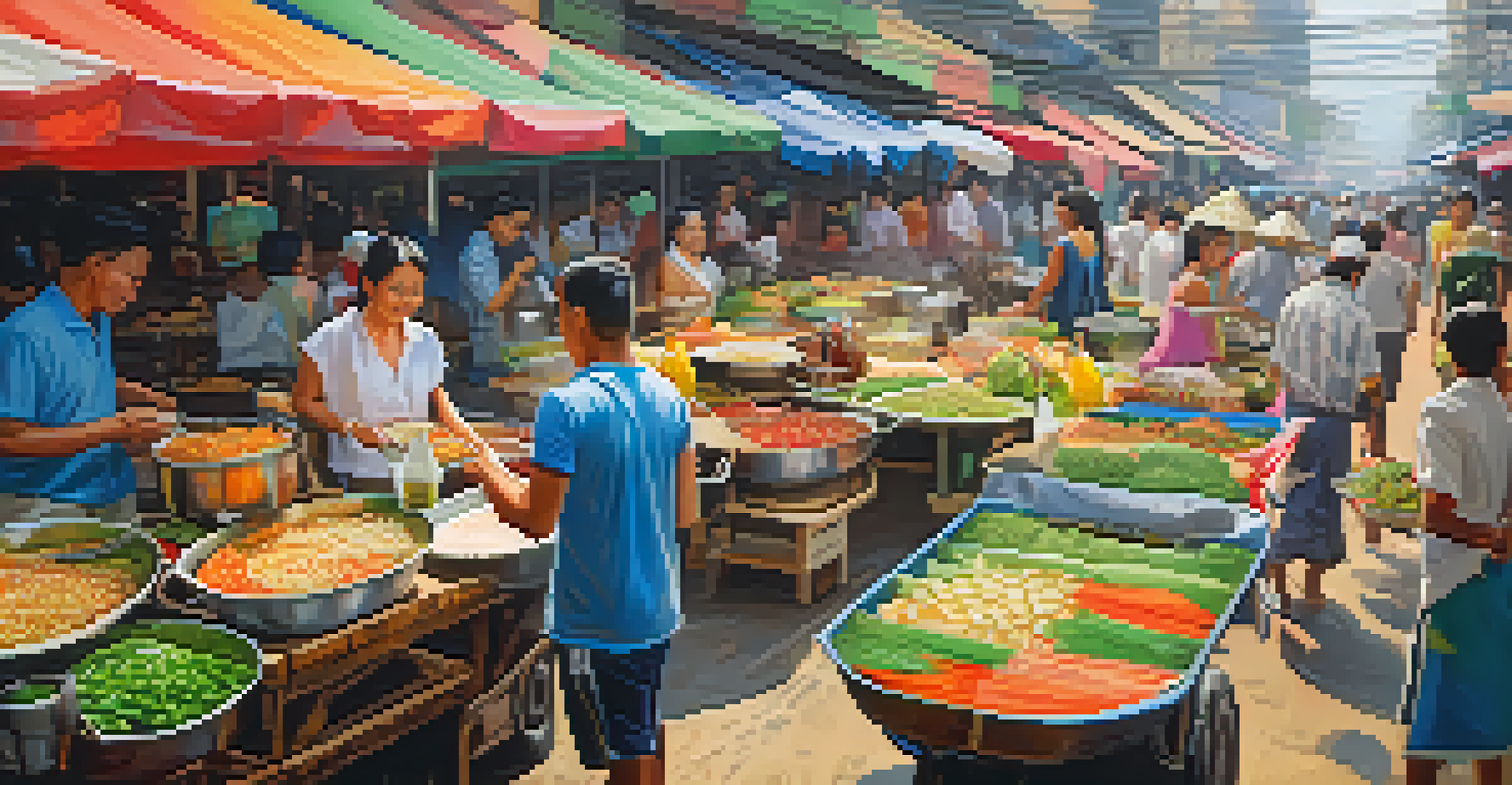 A vibrant street food market during the Songkran Festival, filled with colorful dishes and happy people enjoying food together.
