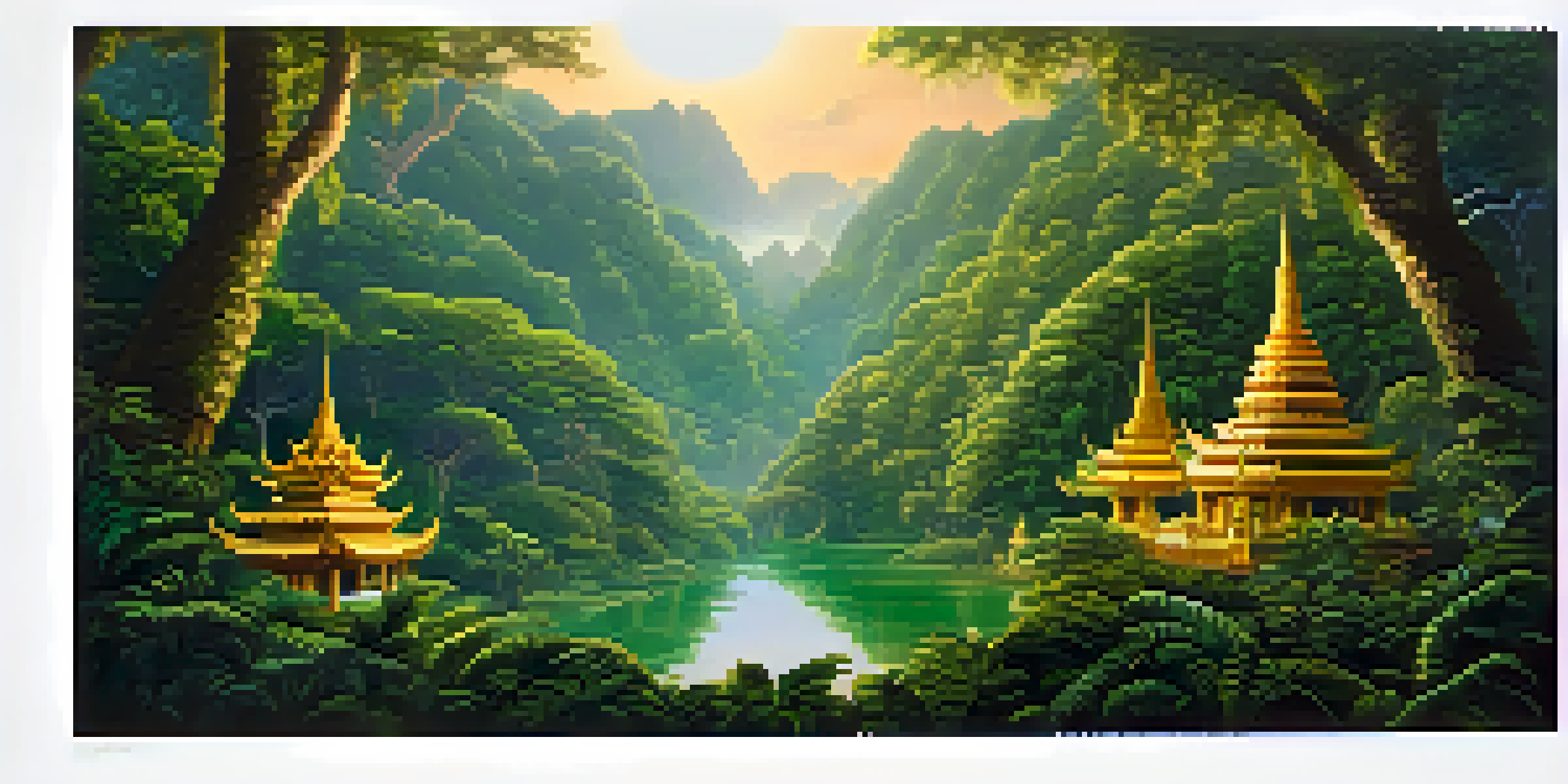 A lush green forest in Thailand with mythical creatures like Naga and Garuda, bathed in golden sunlight, showcasing harmony between nature and the supernatural.