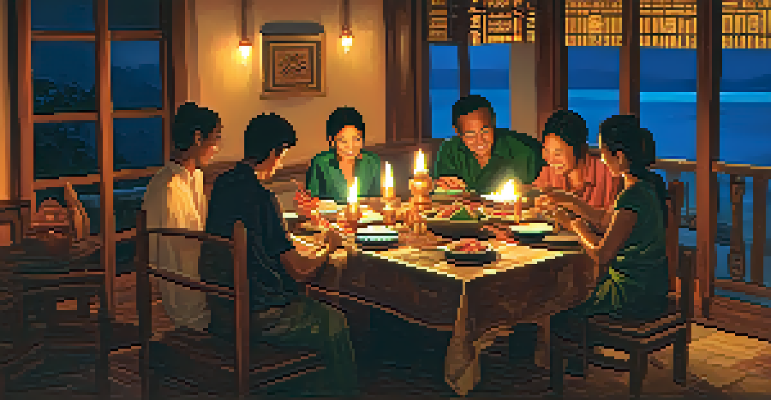 A traveler and a Thai family enjoying a traditional dinner together, with delicious food on the table and a warm, inviting atmosphere.