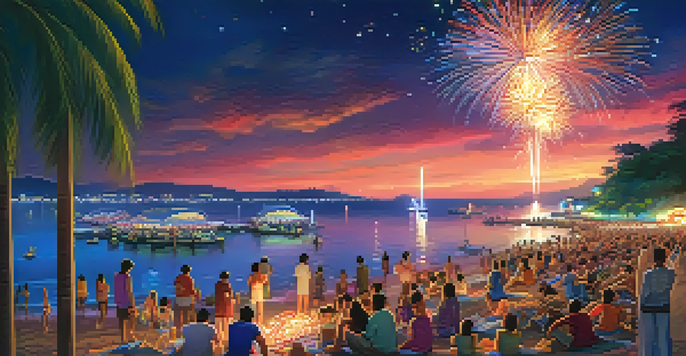 A vibrant night scene at the Pattaya International Fireworks Festival, showcasing colorful fireworks and a lively beach filled with spectators.