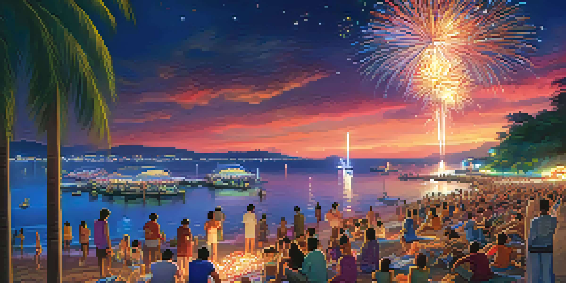 A vibrant night scene at the Pattaya International Fireworks Festival, showcasing colorful fireworks and a lively beach filled with spectators.