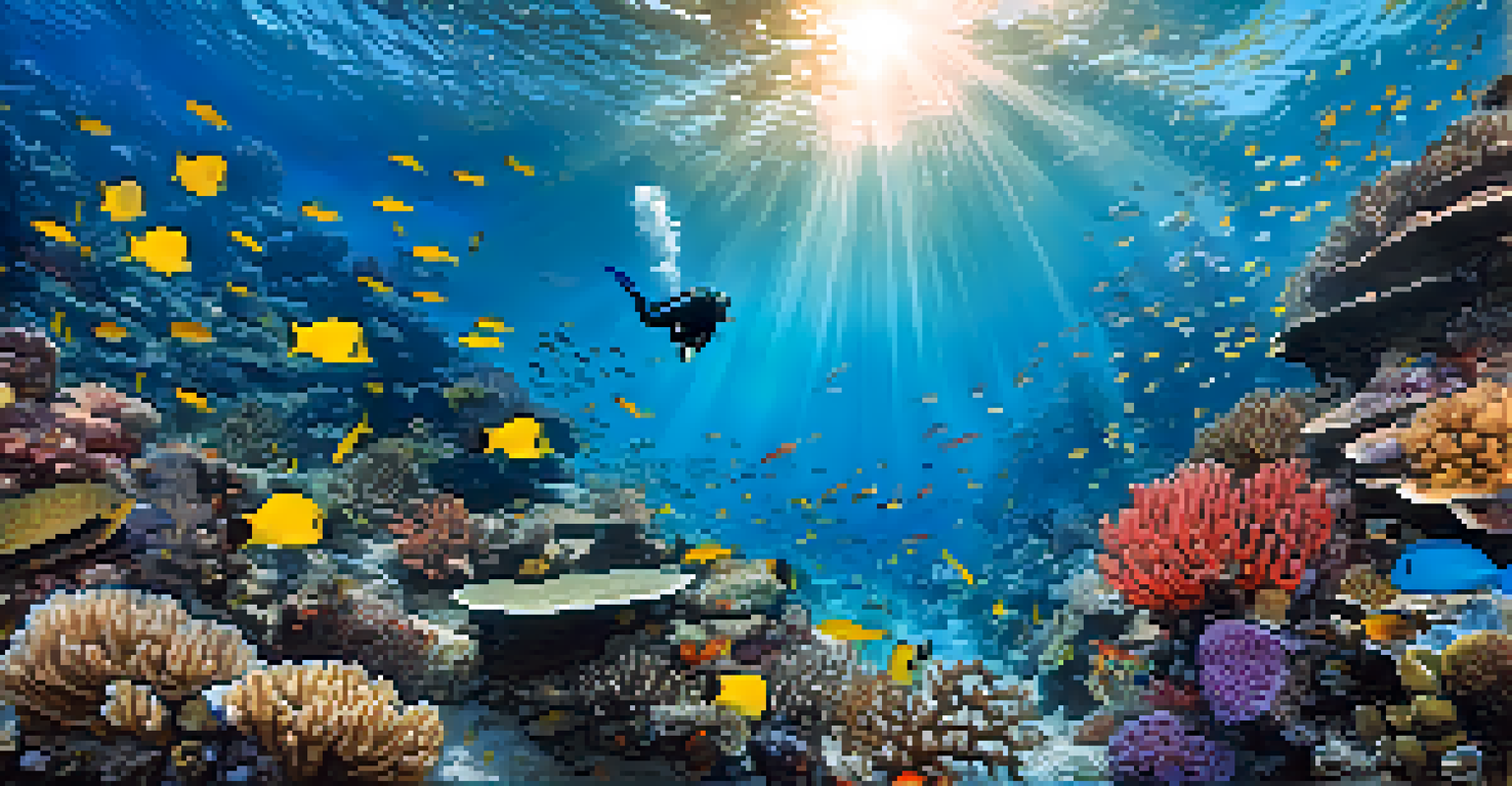 A diver exploring a colorful coral reef underwater with fish swimming around, illuminated by sunlight from above.