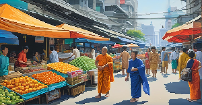 A lively street in Bangkok with colorful food stalls and a monk walking past modern buildings.
