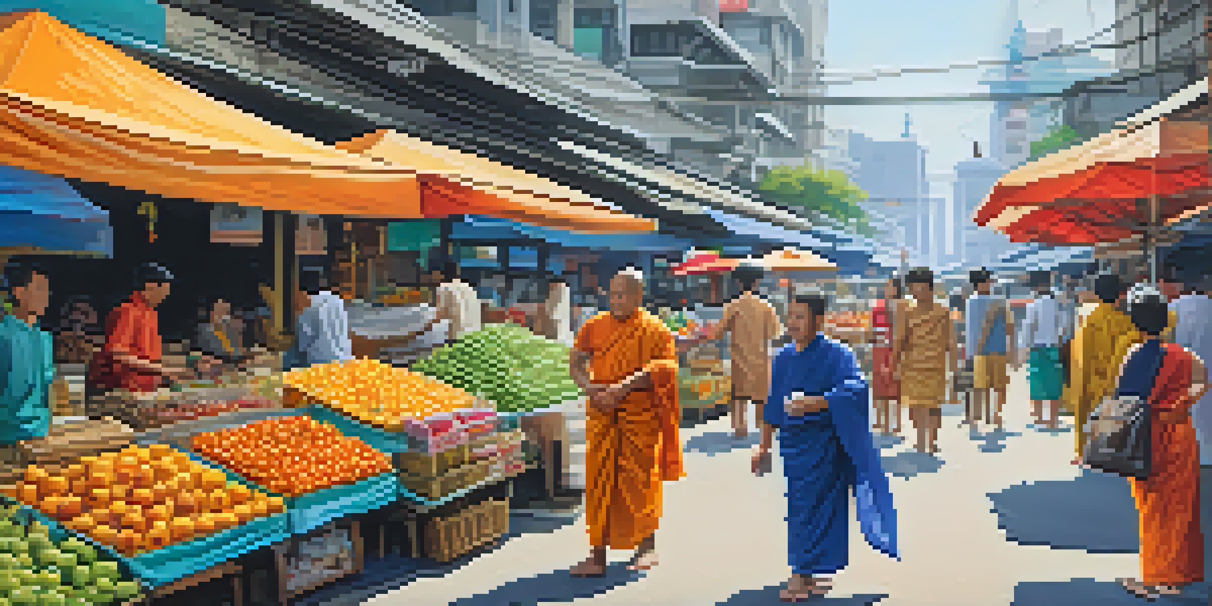 A lively street in Bangkok with colorful food stalls and a monk walking past modern buildings.