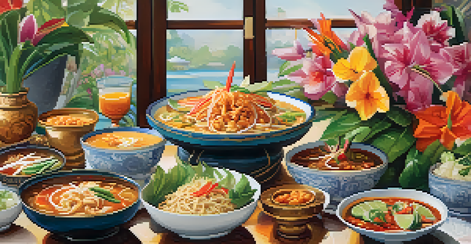 A beautifully arranged table showcasing traditional Thai dishes, with decorative elements and vibrant colors.