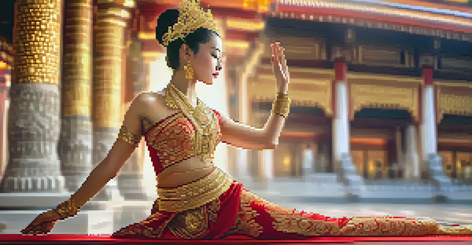 A dancer performing classical Thai dance in a gold and red costume in front of a traditional temple.