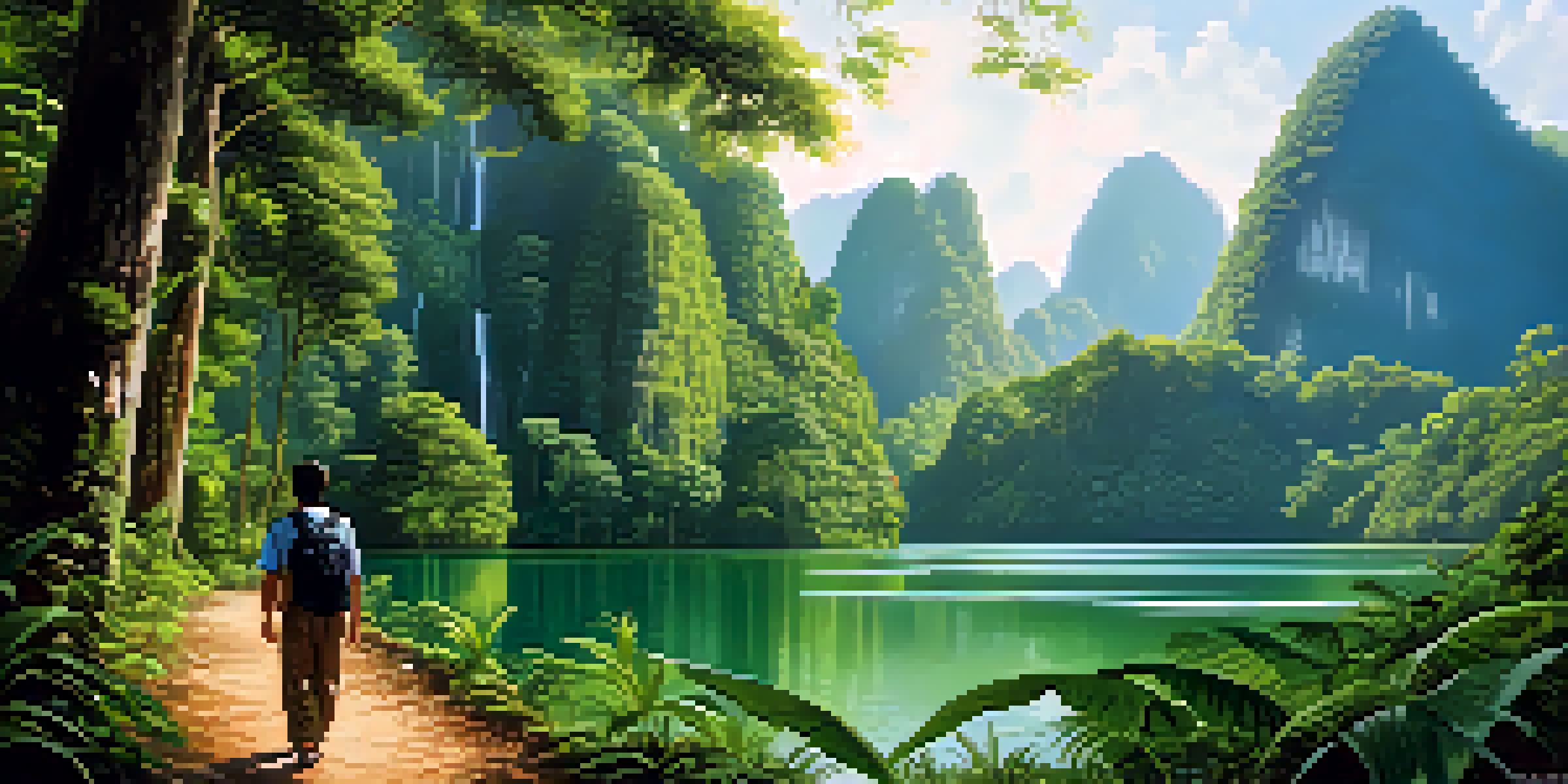 A vibrant rainforest in Khao Sok National Park, with hikers on a trail surrounded by trees and waterfalls.