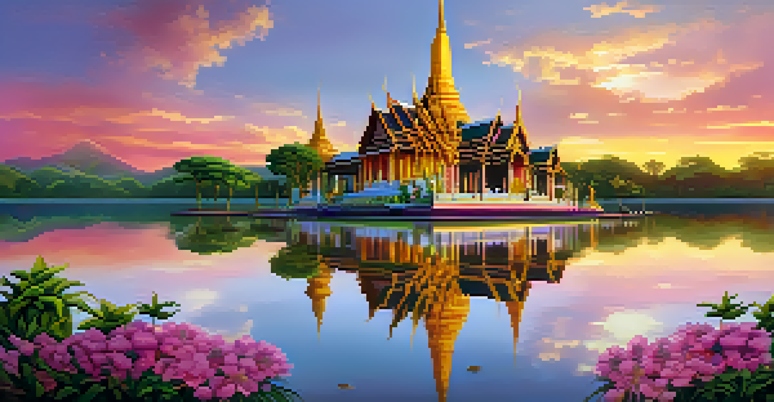 A traditional Thai temple at sunset, with intricate details and reflections in a pond, surrounded by greenery.