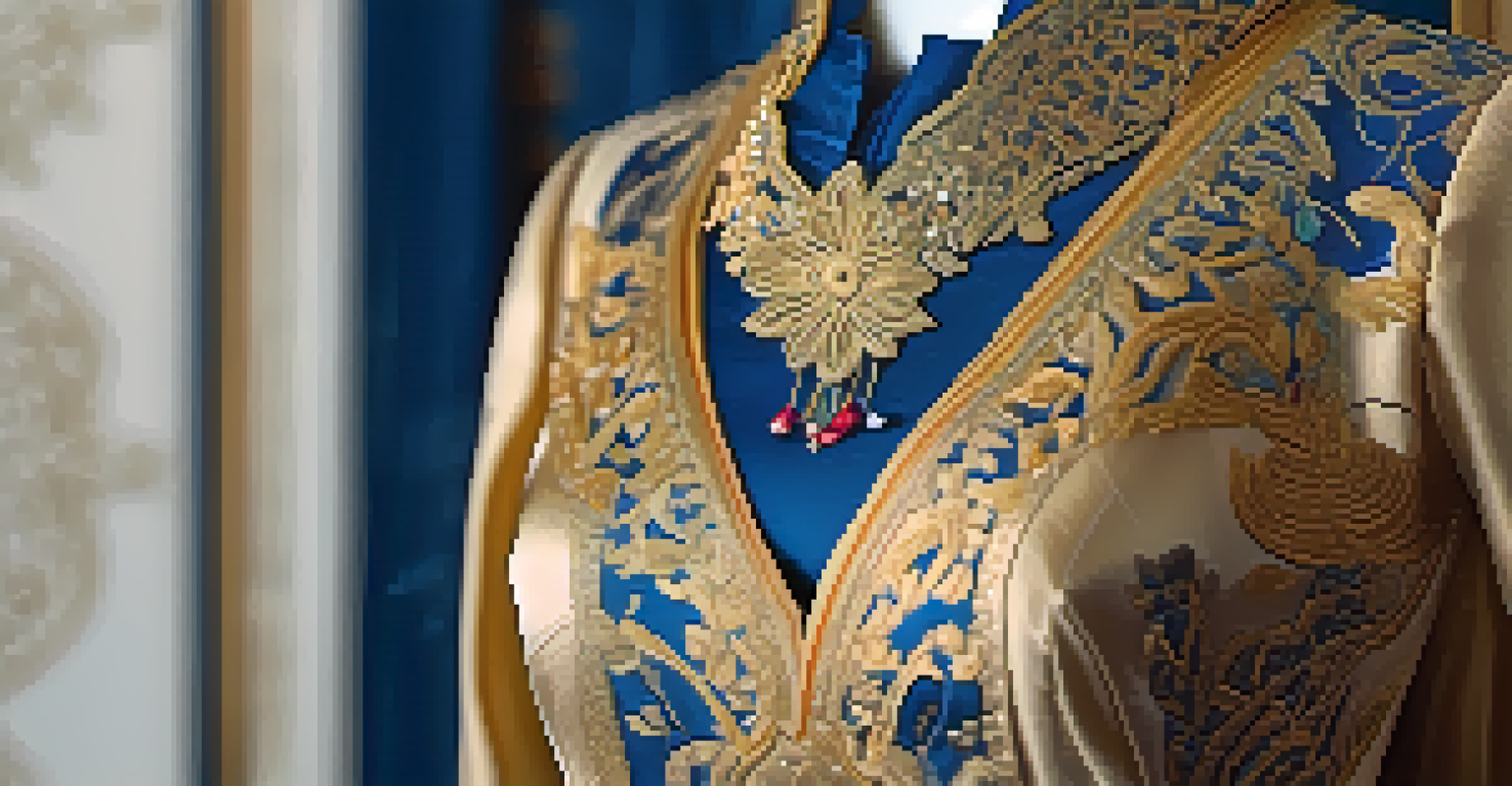 Close-up of a luxurious traditional Thai silk garment with lotus flower motifs displayed on a mannequin.