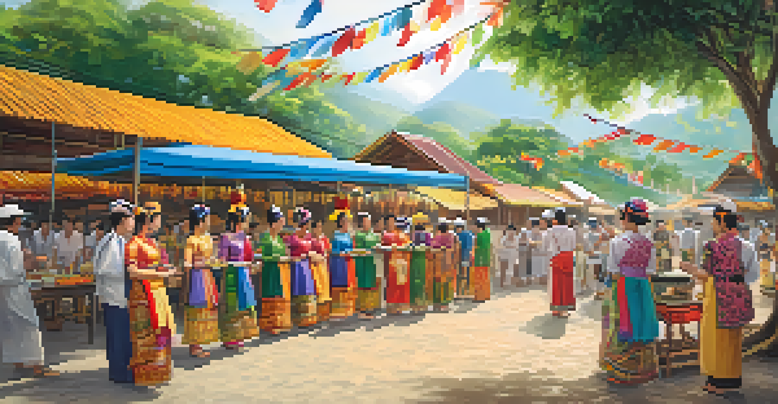 A lively community festival in Thailand with volunteers and locals celebrating together, showcasing cultural exchange and joy.