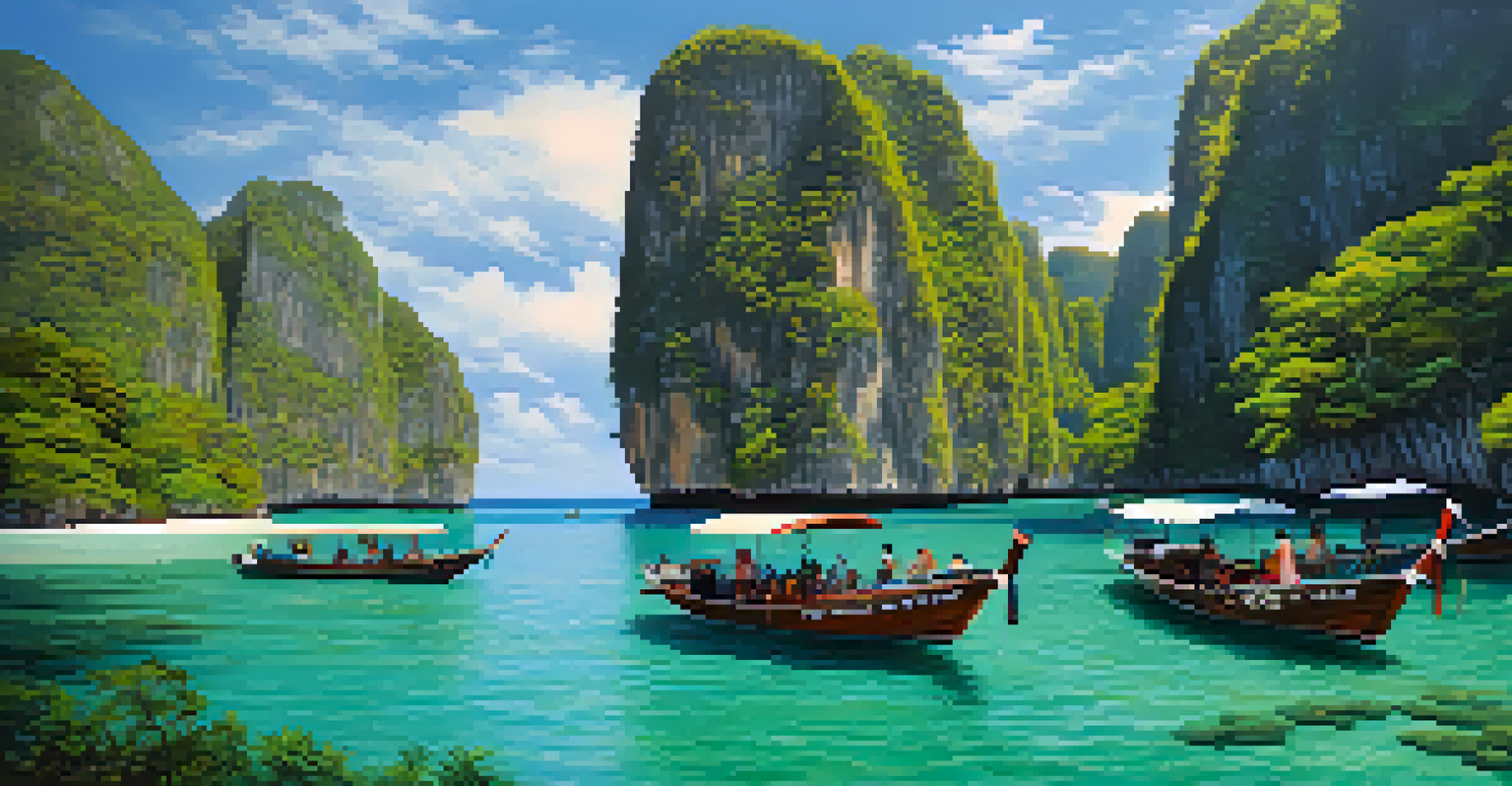 A guided boat tour around the Phi Phi Islands, showcasing travelers enjoying the view of clear waters and stunning limestone cliffs.
