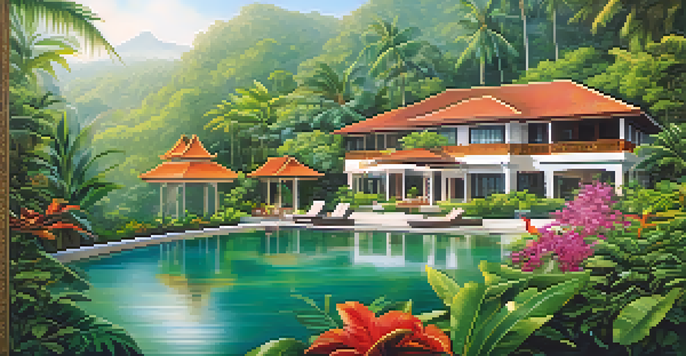 A luxurious villa in a dense rainforest in Thailand, surrounded by colorful tropical birds and lush greenery, all illuminated by soft morning light.
