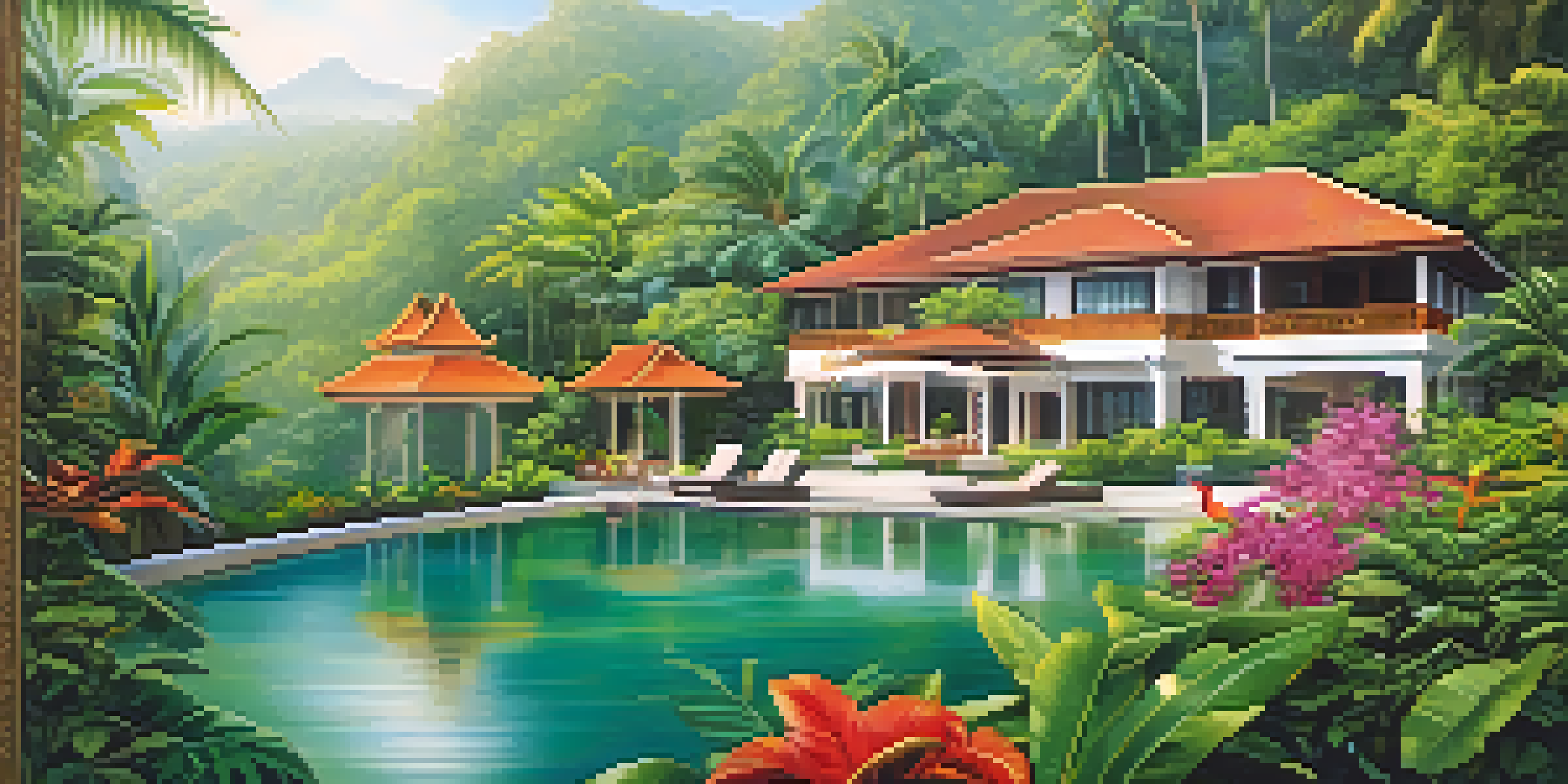 A luxurious villa in a dense rainforest in Thailand, surrounded by colorful tropical birds and lush greenery, all illuminated by soft morning light.