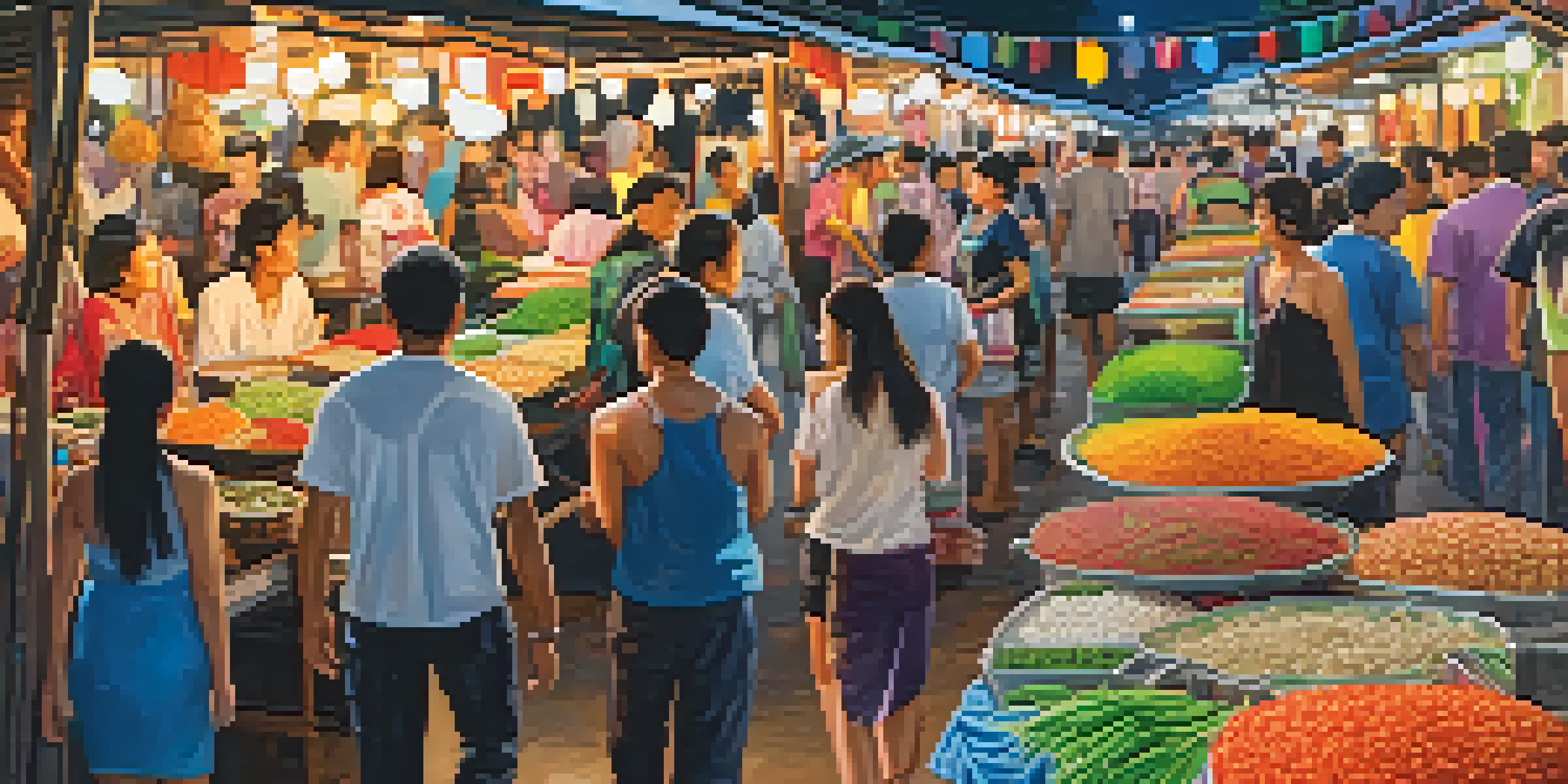 A lively night market in Chiang Rai with colorful stalls, bright lights, and people shopping and socializing.