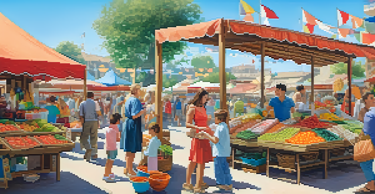 A family at an outdoor market, looking at handmade crafts and local foods, with children excitedly pointing at colorful items.
