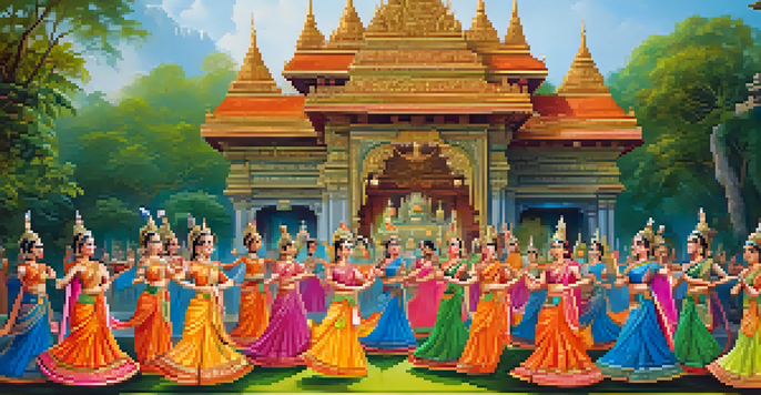 Dancers performing the Ramayana dance outdoors, wearing colorful costumes, with lush greenery and traditional Thai architecture in the background.