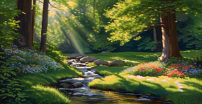A serene forest with sunlight filtering through trees, cushions on grass, and a flowing stream nearby.