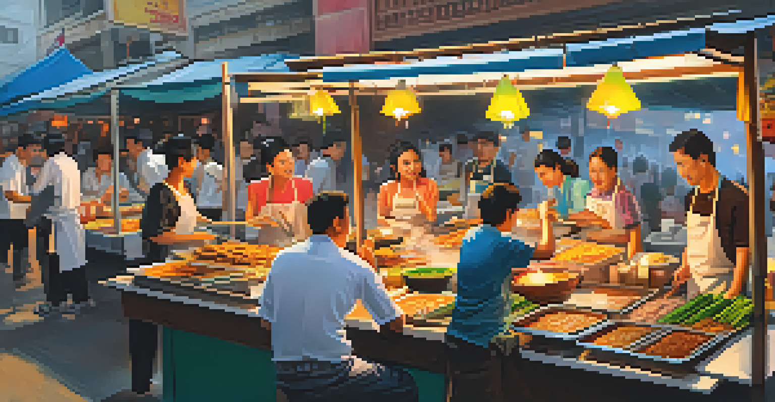 A bustling street food festival in Bangkok, featuring chefs cooking and families enjoying traditional Thai dishes.