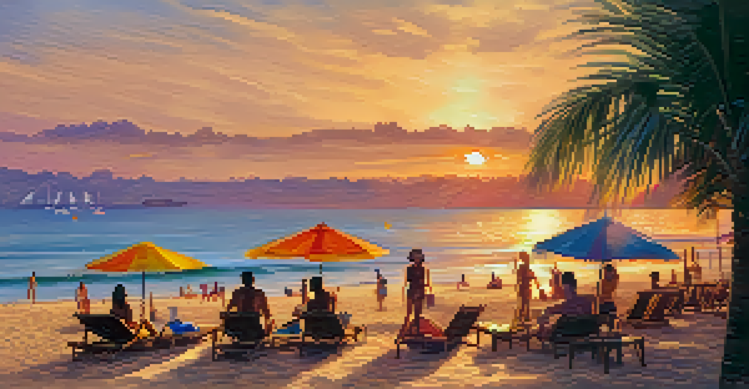 Relaxing beach scene at Jomtien Beach in Pattaya during sunset with travelers enjoying the warm atmosphere.