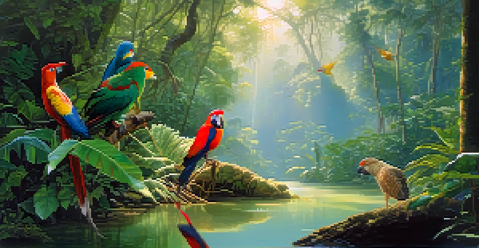 A lush Thai rainforest filled with colorful tropical birds and soft sunlight filtering through the trees.