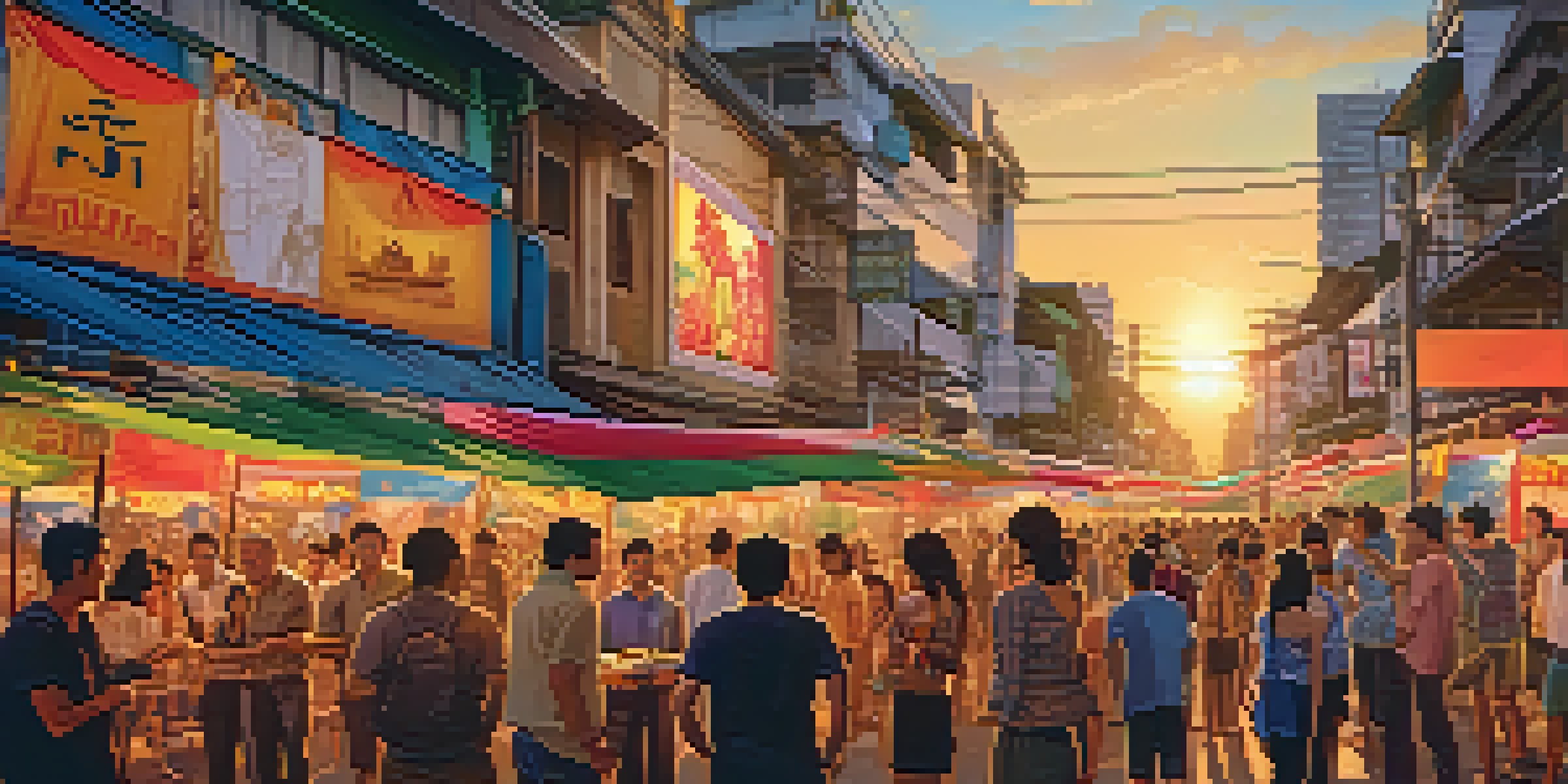 A lively film festival scene in Bangkok with colorful banners and diverse groups of people discussing films under a warm sunset.
