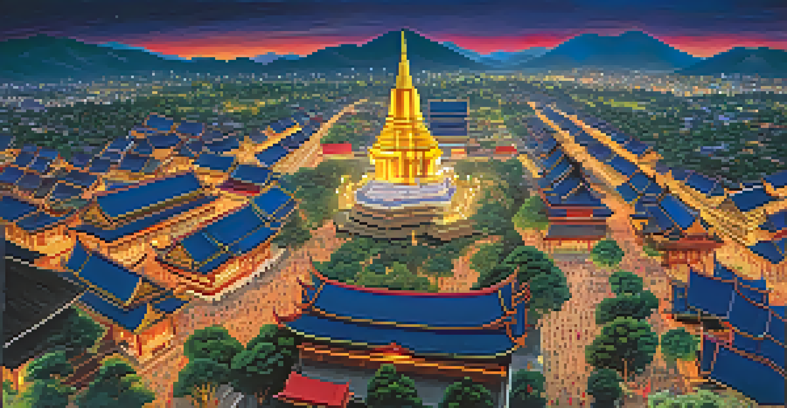 Aerial view of Chiang Mai's Old City with ancient walls, temples, and colorful sky lanterns.