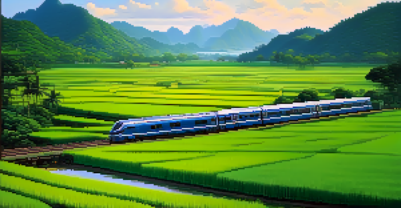 A colorful train moving through green rice paddies in Thailand, with mountains in the background under soft sunlight.