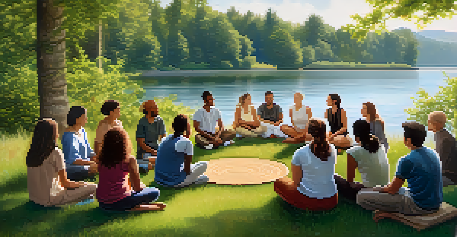 A diverse group of people in a circle, sharing their thoughts by a lakeside, surrounded by nature.