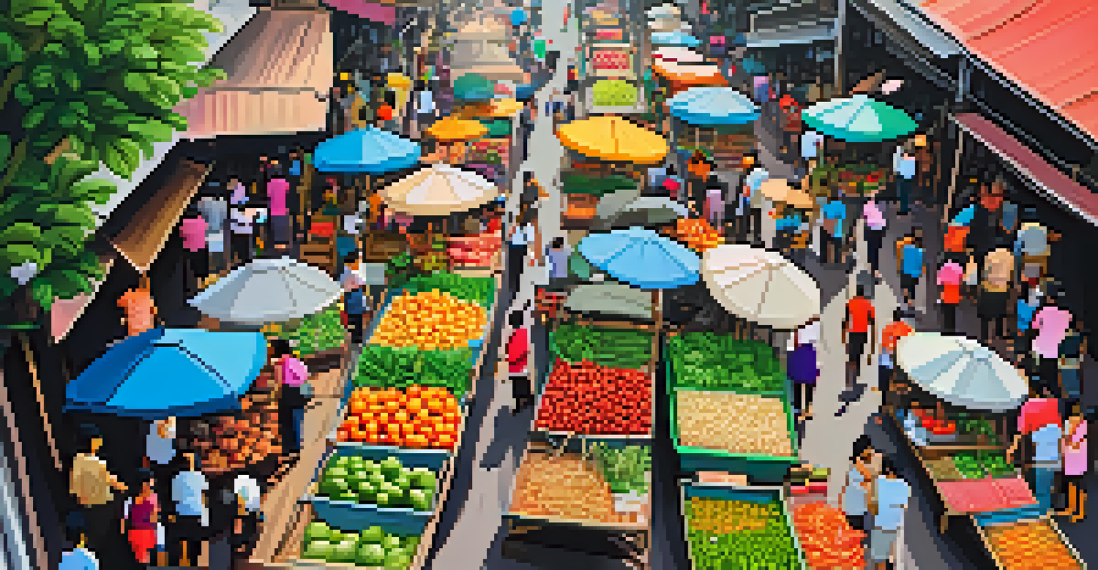 A busy local market in Thailand with fresh produce and street food stalls, showcasing vibrant colors and friendly vendors.