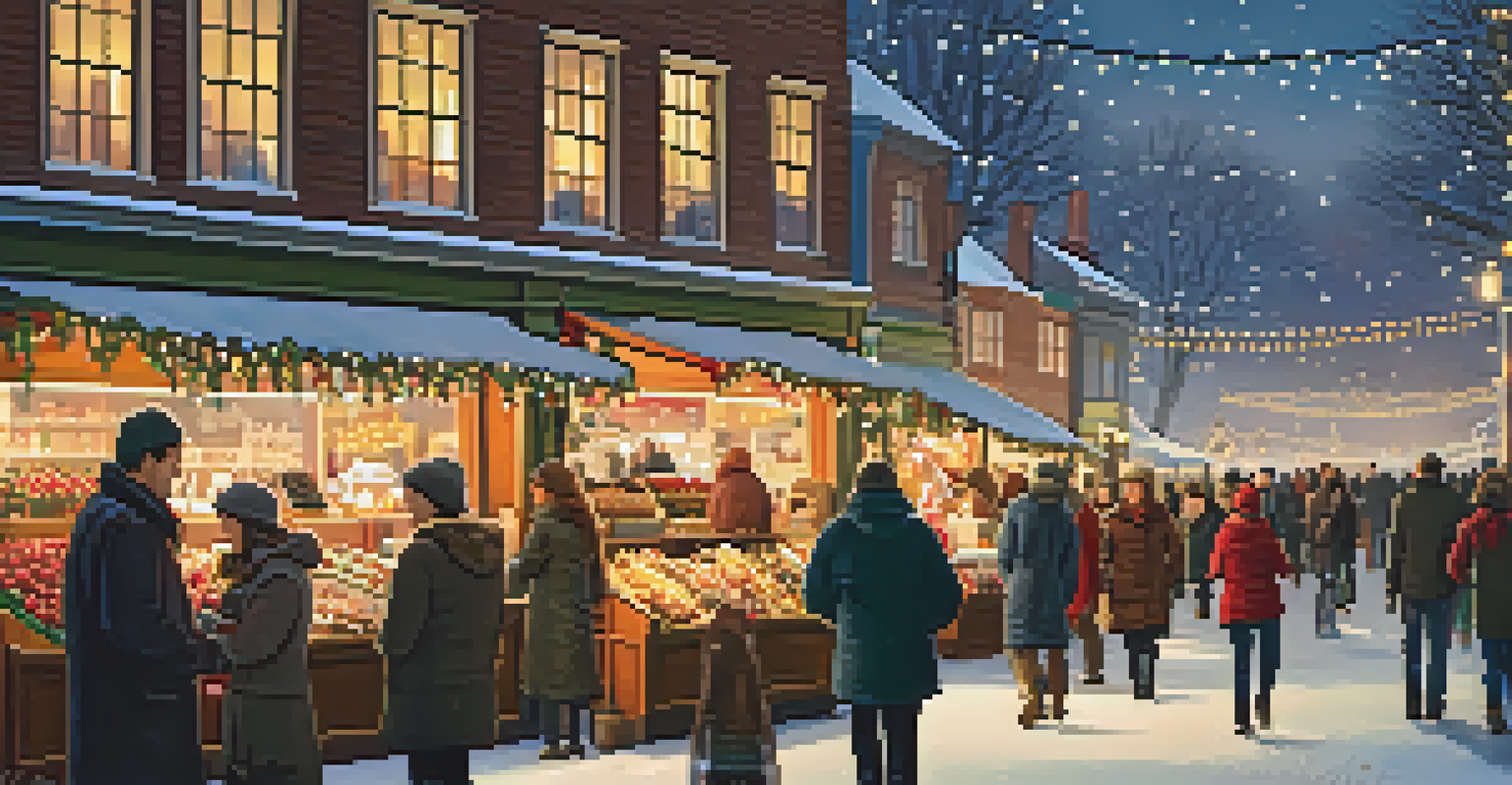 A winter holiday market decorated with festive lights and ornaments, with shoppers enjoying seasonal treats in a snowy setting.