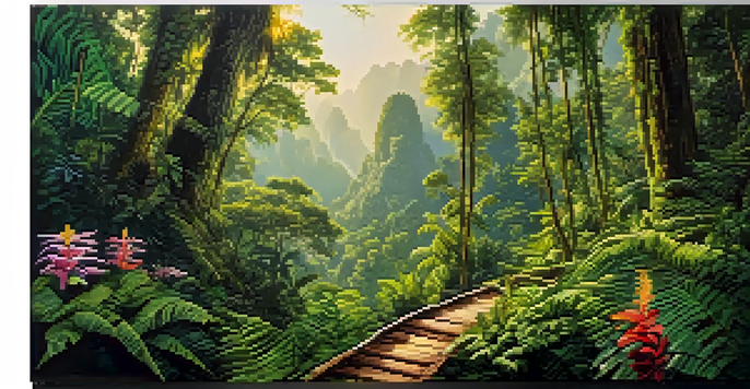 A lush, ancient rainforest in Khao Sok National Park with towering trees and colorful flowers under sunlight filtering through the canopy.