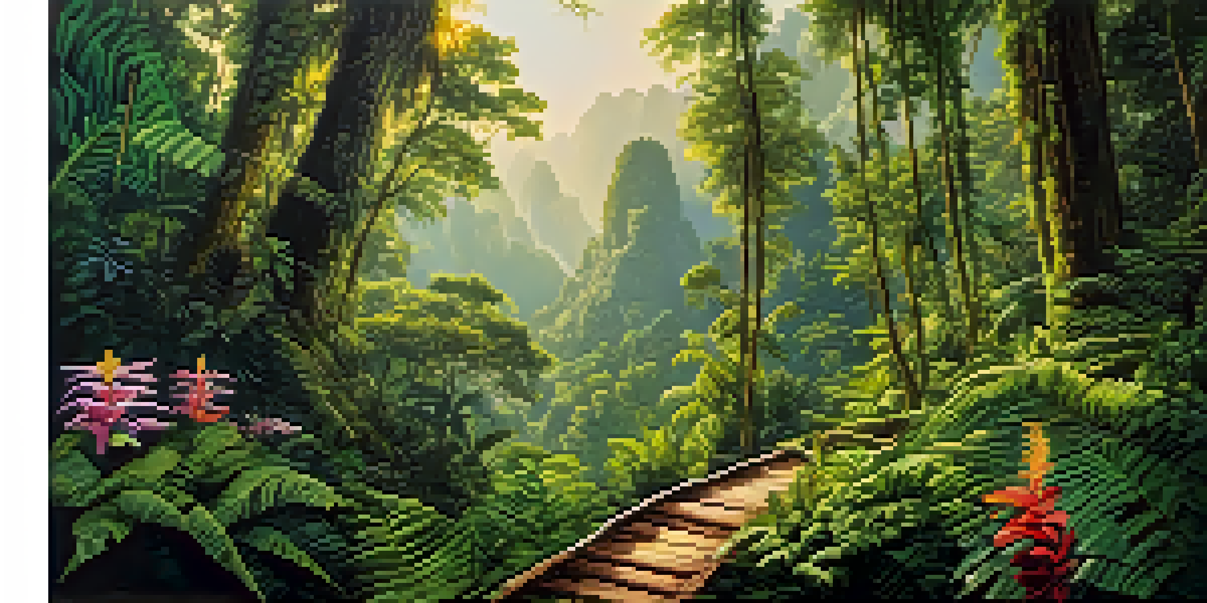 A lush, ancient rainforest in Khao Sok National Park with towering trees and colorful flowers under sunlight filtering through the canopy.