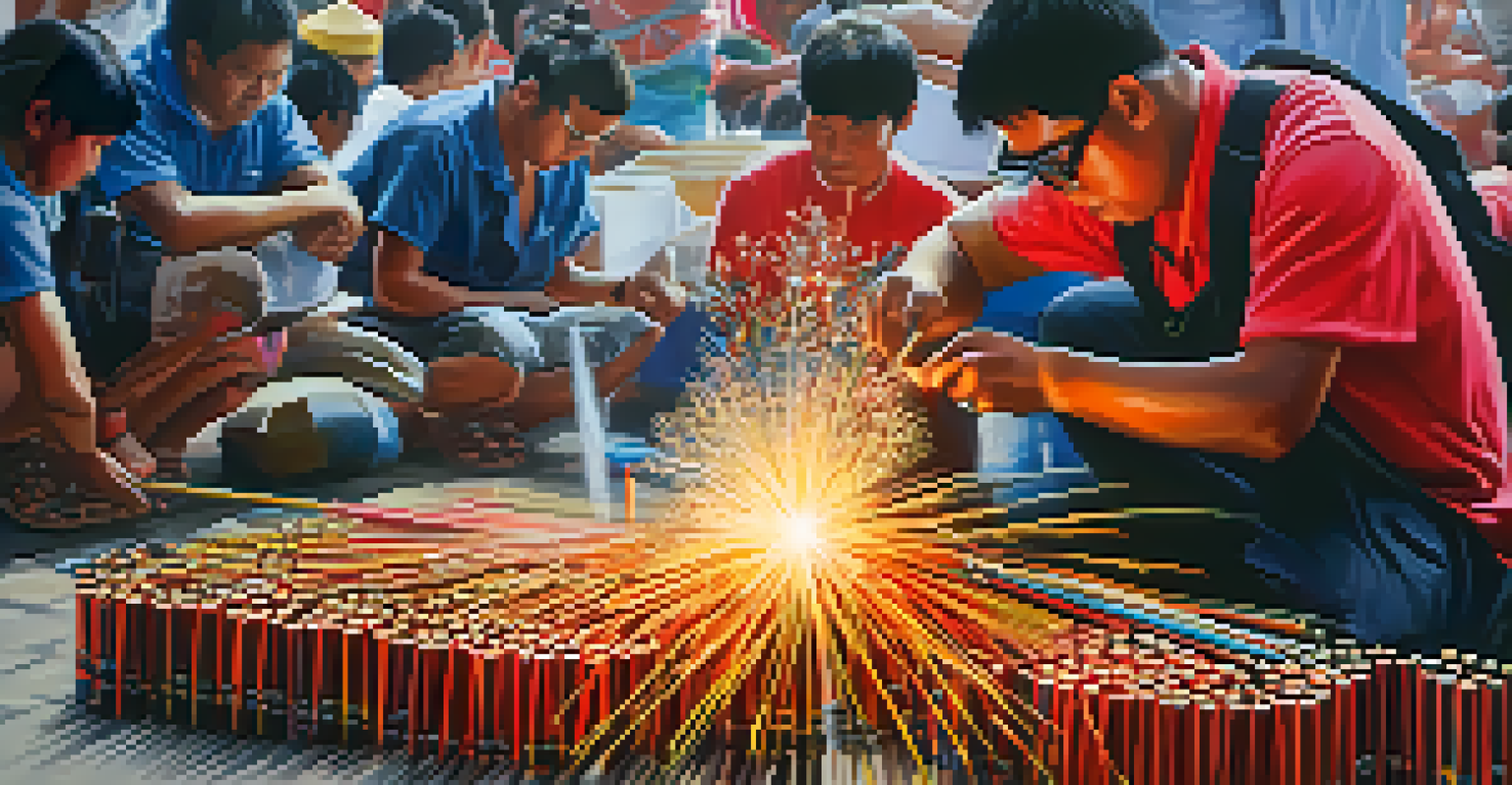 A pyrotechnician meticulously preparing colorful fireworks for the Pattaya festival, showcasing the intricate details of the fireworks.