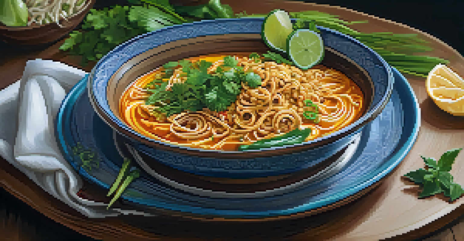 A beautifully arranged plate of Lanna cuisine showcasing Khao Soi and Sai Oua, presented on rustic tableware under warm light.