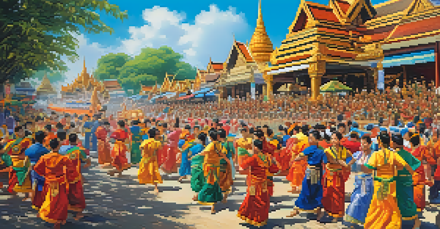 Participants in colorful costumes celebrating at the Phi Ta Khon festival, with traditional Thai decorations and a clear sky.