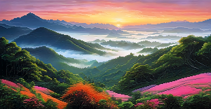 A stunning sunrise view over the misty mountains of Northern Thailand, featuring soft fog and vibrant colors in the sky.