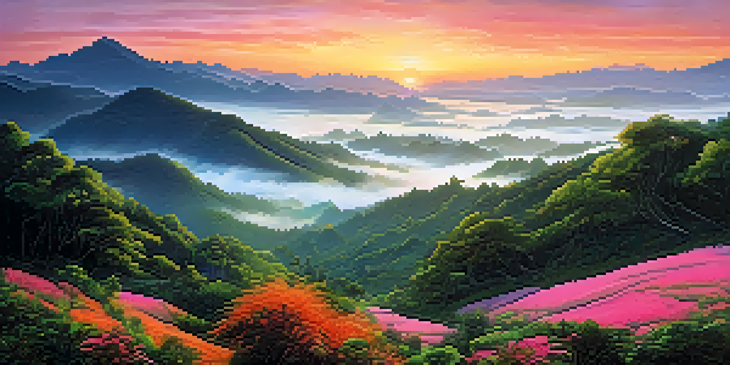 A stunning sunrise view over the misty mountains of Northern Thailand, featuring soft fog and vibrant colors in the sky.