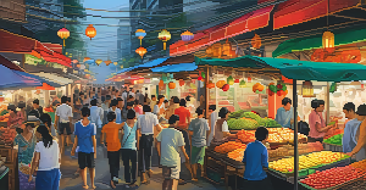 A lively street market in Bangkok with colorful stalls, fruits, and people enjoying the atmosphere.