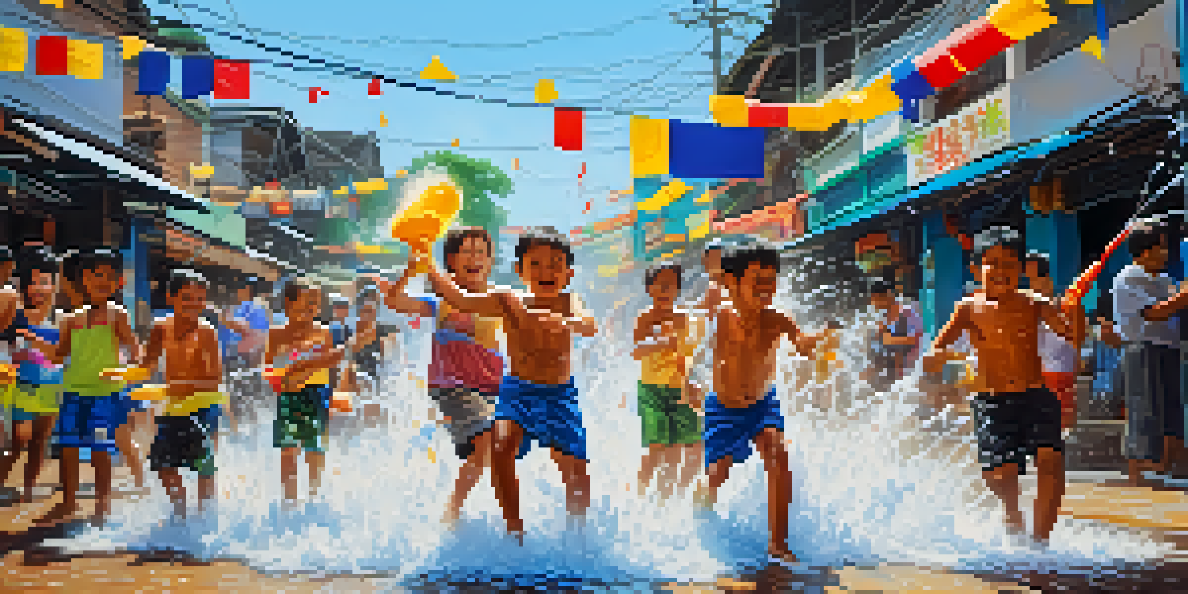 A lively street scene during the Songkran Festival in Thailand with people enjoying water fights and colorful decorations.
