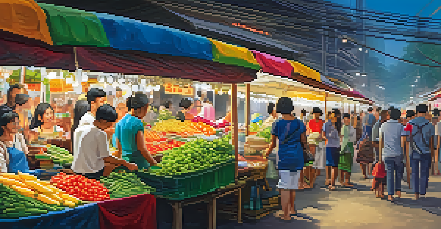 A lively Thai market filled with colorful stalls, couples enjoying street food, and vibrant displays of local culture.