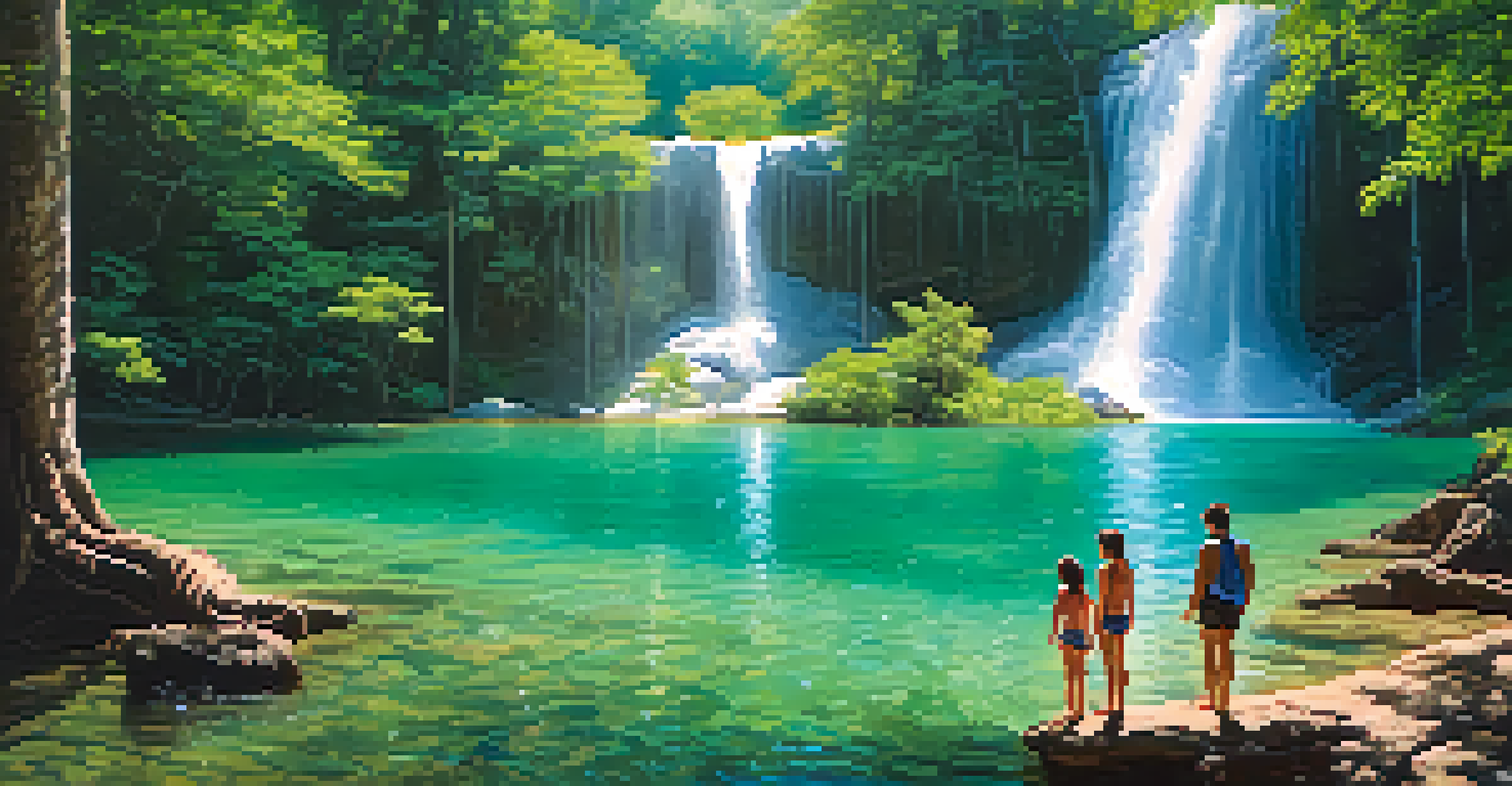 A family swimming in the emerald pools of Erawan National Park with beautiful waterfalls in the background.
