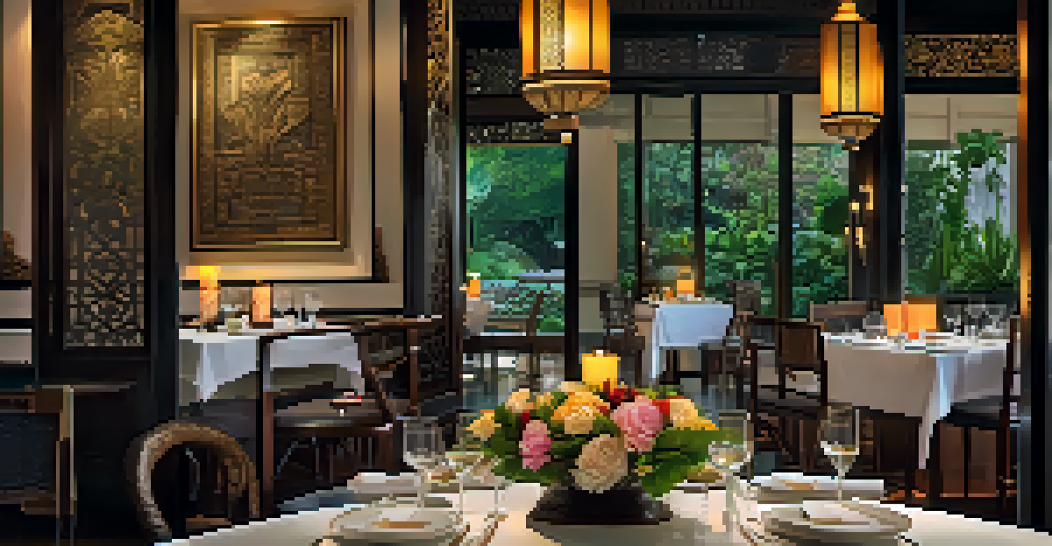 An elegant dining setup with Thai cuisine in a lush garden at The Siam hotel in Bangkok.