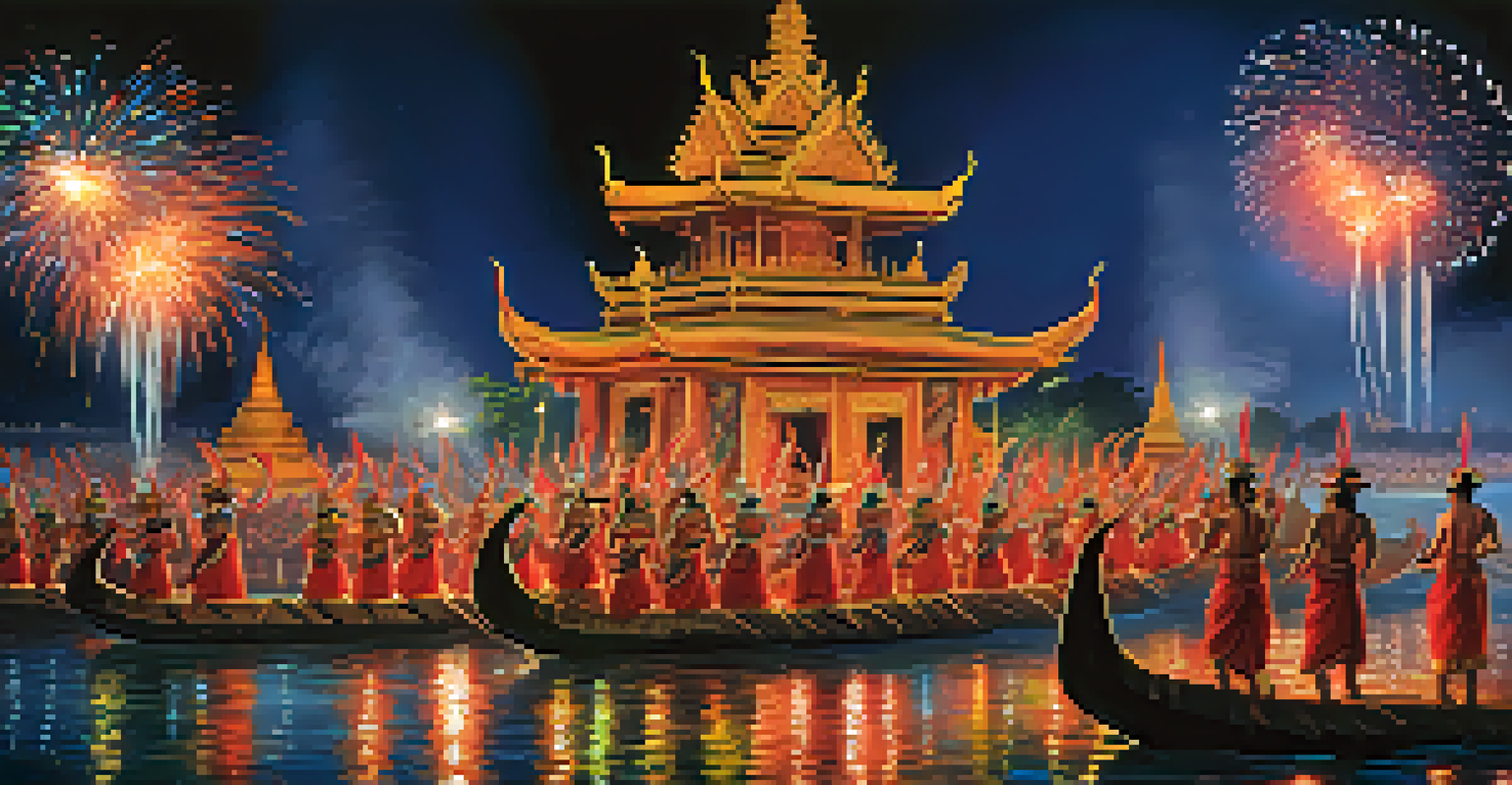 Dancers in colorful costumes celebrating the Naga Fireball Festival near the Mekong River, with fireballs illuminating the night.
