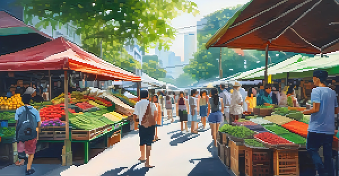 A bustling market filled with colorful plants and crafts under a bright sun, surrounded by greenery and people shopping.