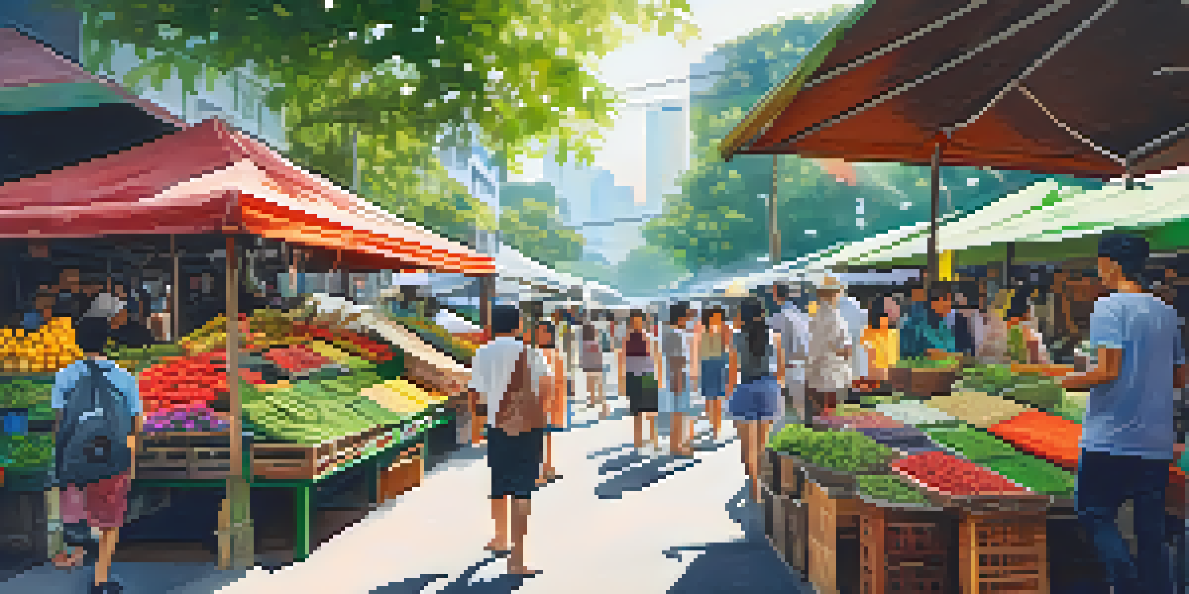 A bustling market filled with colorful plants and crafts under a bright sun, surrounded by greenery and people shopping.
