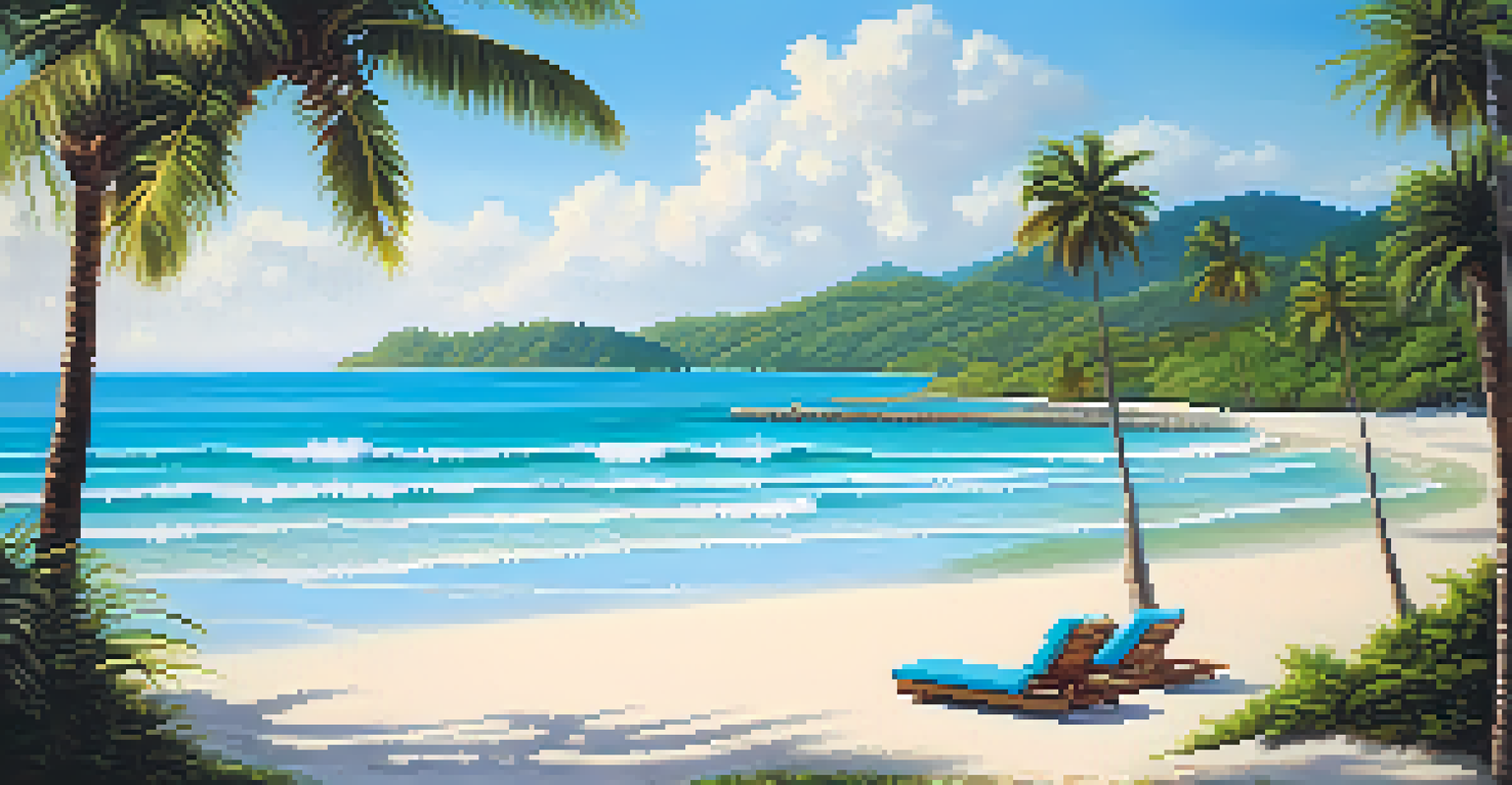 A peaceful Freedom Beach with white sands and turquoise waters, surrounded by green hills and a couple relaxing under a palm tree.