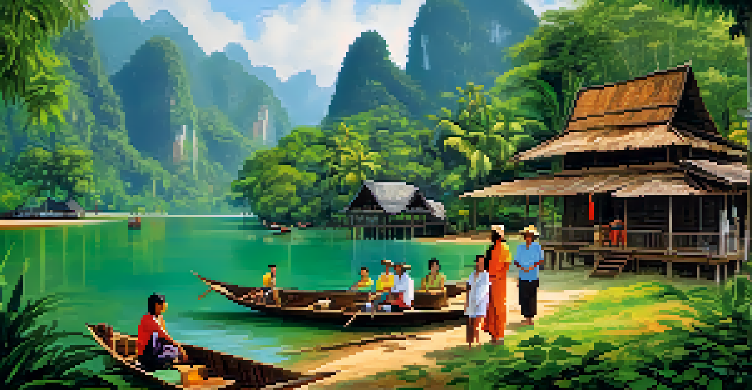 Community members in Khao Sok National Park engaging in eco-tourism with tourists, surrounded by lush nature and traditional architecture.